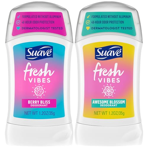 Suave Aluminum-Free Deodorant, Kids & Teen Girls – Fresh Vibes Berry Bliss & Awesome Blossom, 48H Protection, 1.2 Oz Ea