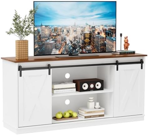 Sweetcrispy Farmhouse TV Stand 65 Inch for Living Room Bedroom White, Tall Entertainment Center with Storage Shelves, Media Console Cabinet with Wood Board, 300 LBS Capacity, and Sliding Barn Door