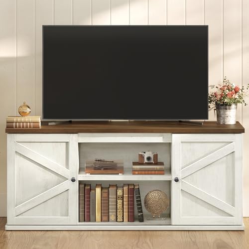 VASAGLE Farmhouse TV Stand for TVs up to 65 Inches, Entertainment Center with Storage Cabinets and Sliding Barn Doors, Media Console Table for Living Room, Rustic White and Honey Brown ULTV535W01