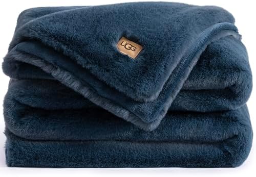 UGG Plush Faux Fur Throw Blanket Reversible Medium Weight Luxury Soft Throw Blankets for Bed or Chair, Hypoallergenic, Machine Washable, Home Decor, 50-inch x 70-inch, Indigo Navy Blue (Euphoria)