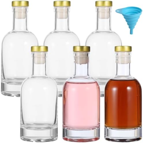 6 Pack Clear Glass Bottles 6.8 oz, Glass Liquor Bottles with T-Top Caps, 200ml Wine Glass Bottle with Funnel, Glass Container for Beer, Juice, Oil, Sauce