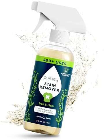 Puracy Stain Remover Spray, Natural Travel and Laundry Stain Cleaner for Clothes, Baby & Kids Stains, Oil & Fabric Spot Cleaner (Free & Clear, 12 oz)