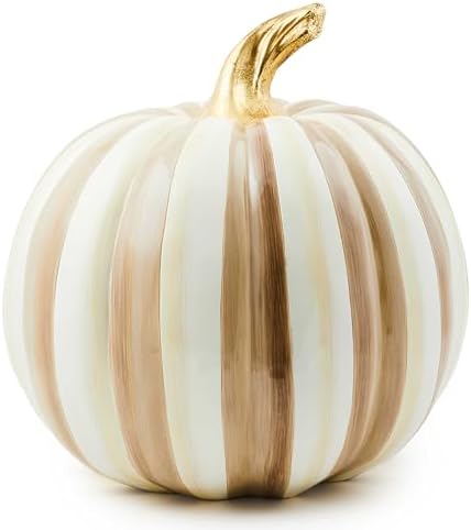 MACKENZIE-CHILDS Medium Pumpkin, Resin Halloween Home Decor, Brown-and-White Mocha Stripe