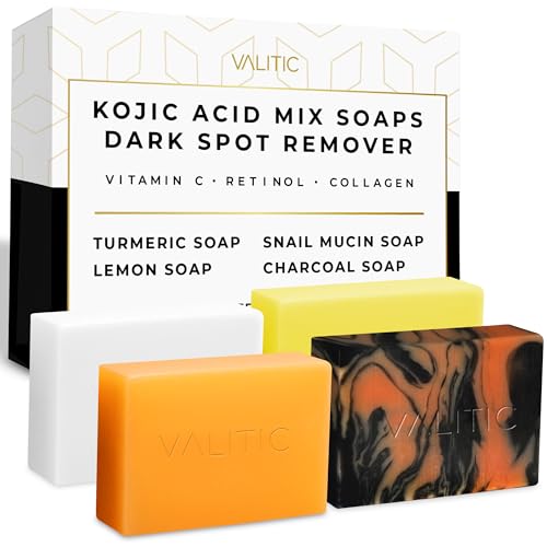 VALITIC Kojic Acid Soap Bars - Turmeric, Snail Mucin, Charcoal and Lemon - 4 Assorted Dark Spot Remover Soaps with Hyaluronic Acid, Vitamin C, Vitamin E and Shea Butter