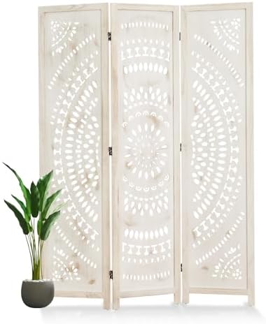 66.9Inch Folding Room Divider, 3 Panels Wood Carved Privacy Screens, Free Assembled Freestanding Partition for Home Office Restaurant Bedroom (White-Washed)