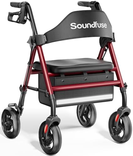 Rollator Walkers with Seat for Seniors, Foldable 8" Big Wheels All Terrain Rolling Walker, Handles and Ergonomic Seat Height Adjustable, 350lb Weight Capacity