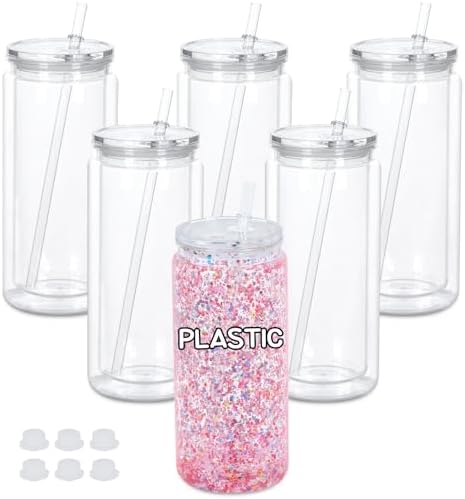 20 Oz Plastic Snowglobe Tumbler, 6 Pack Pre-Drilled Double Wall Acrylic Snow Globe Cup, Plastic Clear Cup for Snowglobe, with Clear Lid