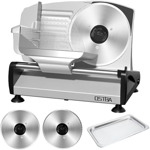 OSTBA Meat Slicer with Quiet DC Motor, 200W Electric Deli Slicer, Dual 7.5'' Stainless Steel Blades, 0-15mm Adjustable Thickness, Easy to Clean, Ideal for Meat, Cheese, Bread, and Vegetables