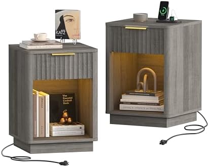 Fluted Nightstands Set of 2, Wooden Night Stand with Charging Station and LED Light, Modern Mid Century End Table with Drawer, 15" D x 15.7" W x 22.6" H, for Bedroom, Dark Gray