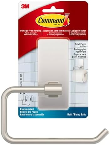 Command Toilet Paper Holder Satin Nickel with Water Resistant Command Strips, Rust Resistant Bathroom Organizer