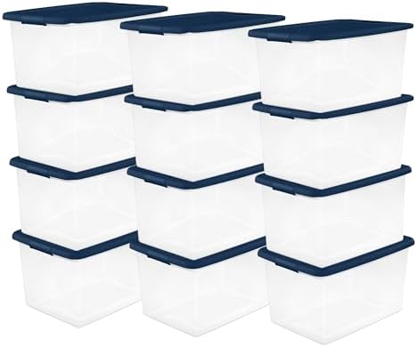 Sterilite 12-Pack Color Program, Large Clear Plastic Storage Bins with Lids, 64 Quart, Blue - Stackable Organizing Container Boxes for Closet, Bathroom, and Office