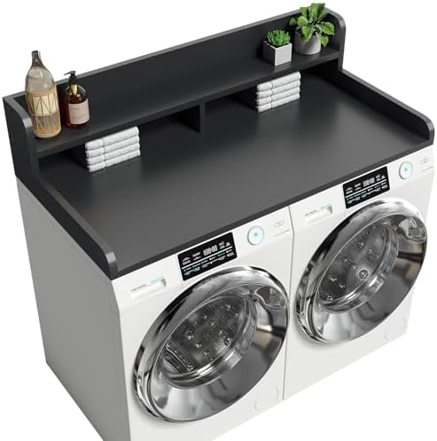 2-Tier Washer Dryer Countertop with 2.75"H Edge Rails, 54" W x 27.55" D Laundry Countertop for Folding Clothes, Washer and Dryer Topper with Non-Slip Pad (Black)
