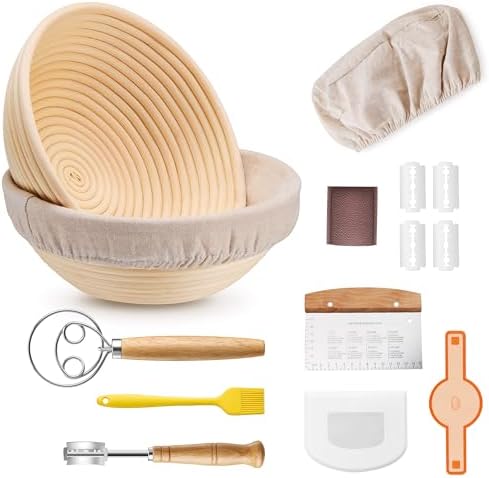 E-far Bread Proofing Basket Set of 2, 9 Inch Round Sourdough Bread Baking Supplies, Complete Sourdough Starter Kit for Beginners
