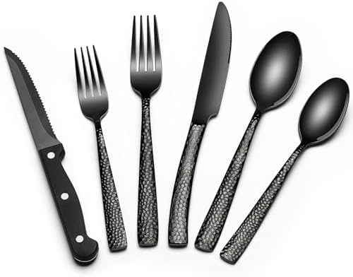 Black Hammered Silverware Set with Steak Knives, 24-Piece Stainless Steel Wave Flatware Set for 4, Food-Grade Tableware Cutlery Set, Utensil Sets for Home Restaurant, Mirror Finish, Dishwasher Safe