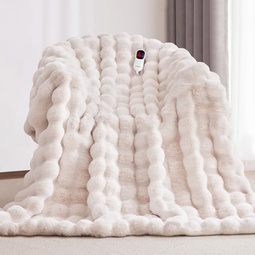 Heated Blanket Queen Size with 1/2/4/6/8 Hours Auto-Off 10 Heat Level, 72'' * 84'' Cozy Faux Rabbit Fur Bubble Electric Blanket with Overheat Protection(White)