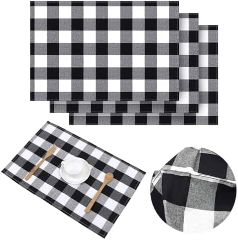 Aneco Buffalo Plaid Placemats Checkered Place Mats Double Layer Placemats 13 x 19 Inches Decorative Kitchen Cotton Table Placemats, Black and White (4)