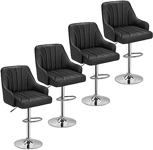 VECELO Barstools Set of 4, Counter Height Bar Stools Adjustable Stools with Back and Arm, Kitchen Island Stools Swivel Bar Chairs for Pub Dinning Room, Black