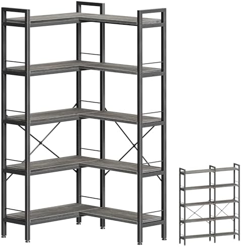Huuger 5 Tier Bookshelf, L Shaped Corner Bookshelf with 10 Open Shelves, 49.4 Inch Straight Wide Bookcase with Metal Frame and Wooden Board, Adjustable Feet, Grey