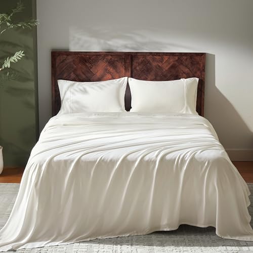 GOKOTTA Queen Size Bed Sheets 4 Piece Set, 100% Rayon Derived from Bamboo, Cooling for Hot Sleepers-Luxury Breathable Soft Sheets, Deep Pocket 16" Fitted Sheet with Elastic Corner Straps, Cream White