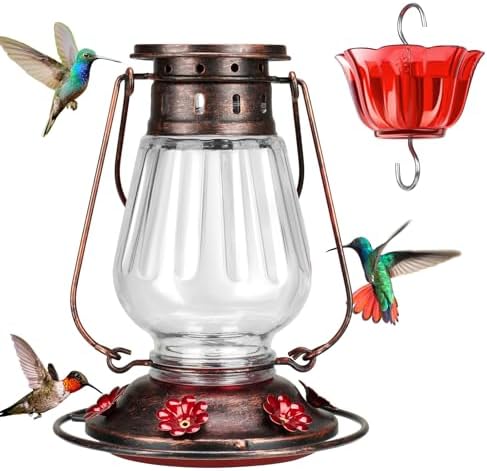 Kingsyard Glass Hummingbird Feeder for Outdoors Hanging - Vintage Lantern Style Leak-Proof Humming Bird Nectar Feeder with 6 Feeding Ports & Ant Moat for Outdoor Garden Decor, 24 Oz, Vintage Clear