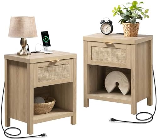 SICOTAS Night Stand Set of 2 with Charger Station Rattan Nightstands with Drawer Farmhouse Bedside Table with USB and Type-C Ports Boho End Side Table for Bedroom Small Space, Light Oak