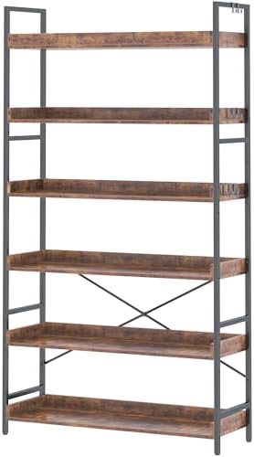 HCHQHS Bookshelf, Adjustable Industrial Bookcase, Vertical Tall Book Shelf, Wood and Black Metal Open Bookshelves for Home Office, Living Room, Bedroom (Rustic Brown, 6-Tier (31" W x 70" H))