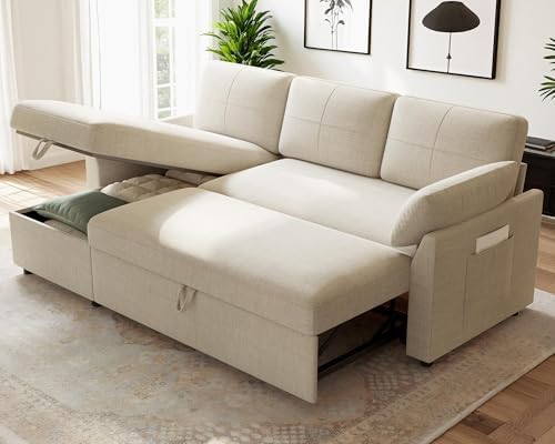 AMERLIFE Sleeper Sofa, 2-in-1 Sofa Bed with Storage Chaise, Pull Out Sofa Couch for Living Room, Guest Room, Linen Beige