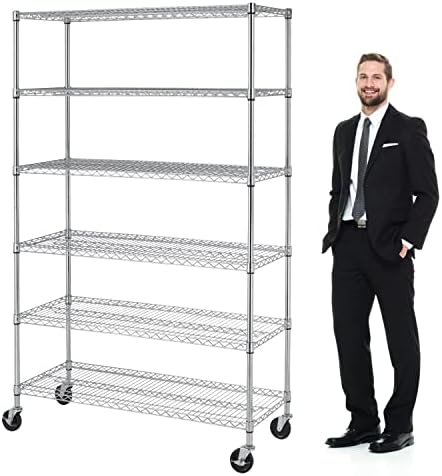 Heavy Duty 6 Tier Shelving Unit Adjustable 6000Lbs Capacity Steel Storage Rack 18" x 48 x 76 Mobile Shelves Wire Shelf Silver Rolling Utility Cart for Pantry Garage Kitchen, Chrome