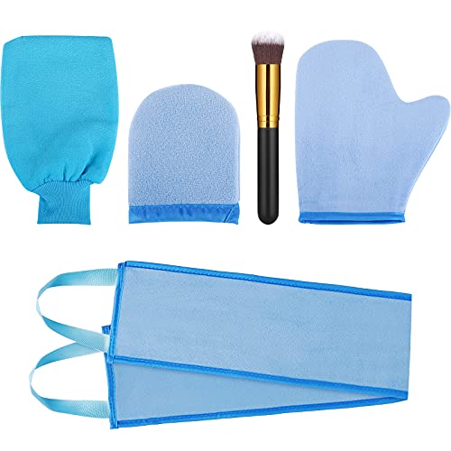 Boao 5 Pieces Self Tanning Mitt Applicator Kit, Includes Tanning Mitt, Exfoliating Glove, Mini Face Glove, Back Lotion Applicator, and Large Brush Makeup(Blue)