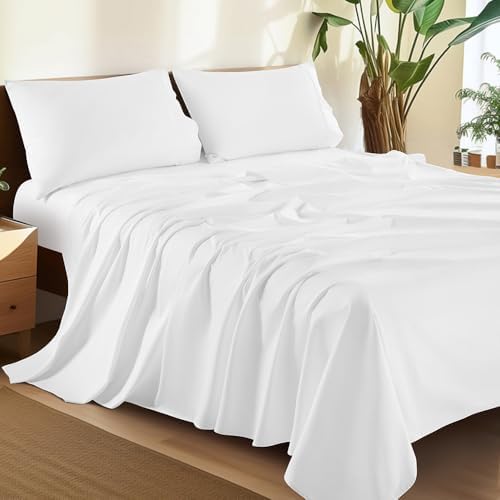 Shilucheng 100% Cotton Queen Size Sheets Set - 1500 Thread Count,Luxury Egyptian Cotton Bed Sheets,5-Star Hotel Quality Sheets, Breathable & Cooling, 16 Inch Deep Pocket - 4 Piece (White)
