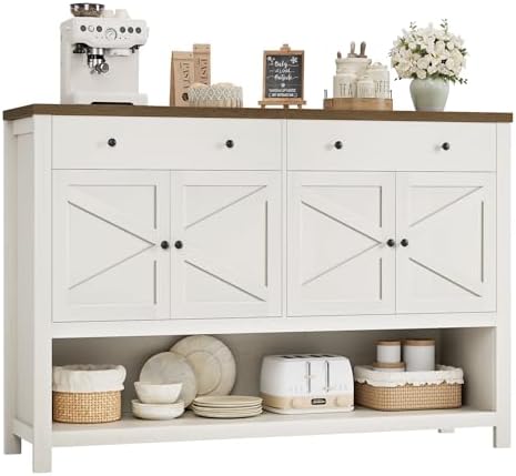 HOSTACK 55'' Buffet Sideboard Cabinet with Storage, Coffee Bar with 2 Drawers, Farmhouse Console Table with Doors, Storage Cabinet with Shelf for Kitchen, Living Room, Entryway, Rustic White/Brown