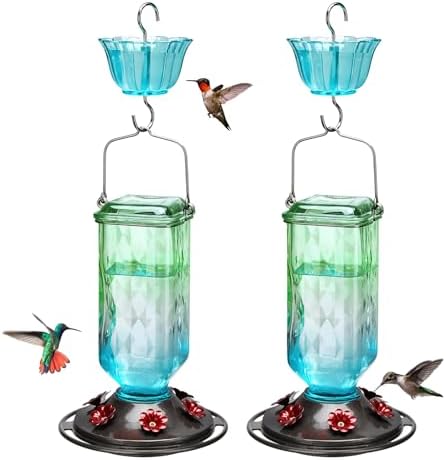 Kingsyard 2 Pack Glass Hummingbird Feeder for Outdoor Hanging, 24 Ounces, 6 Feeding Ports, Bird Nectar Feeder for Garden Décor, Ant Moat Included, Green & Blue