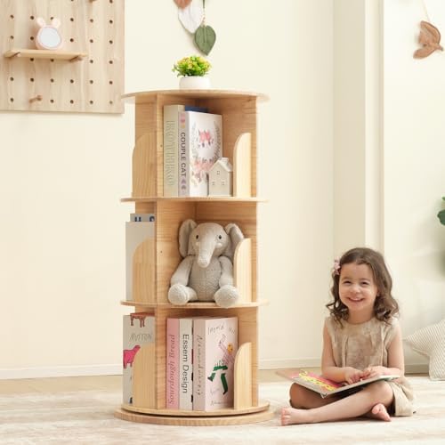 OOOK 3 Tier Rotating Bookshelf Tower, Montessori Bookshelf Storage Rack with Kids, Large Chassis 360 Display for Small Space, Kids Room, Nursery