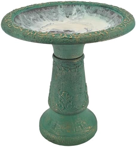 Arcadia Garden Products Fiberclay Bird Bath Outdoor Garden Decor, Antique Vintage Weather Resistant Water Bowl for Backyard and Patio and, 20-inch Tall, Green