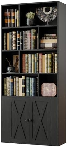 IRONCK Bookcase with Doors, Tall Bookshelf with Storage, Bookshelves and Bookcases with 8 Open Cubes for Living Room, Bedroom, Office