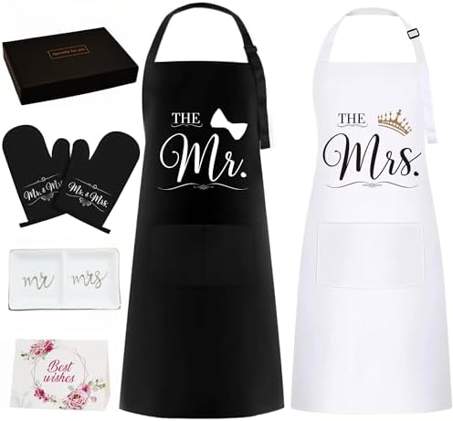 Wedding Gifts for Couples, Mr and Mrs Aprons Engagement Presents for His and Her, Kitchen Cooking Bride To Be Gifts, Funny Wedding Gifts Box for Friend Sister Hubby and Wifey