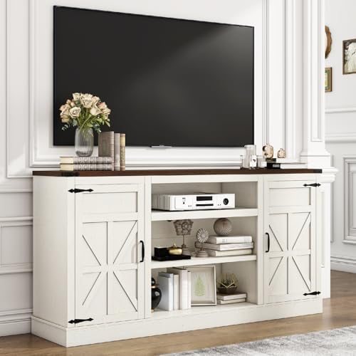 66" Farmhouse TV Stand with Power Outlets for 75 Inch TVs, 33" Tall Entertainment Center with Storage Cabinets w/Adjustable Shelves, Rustic Large TV Media Console, Rustic White