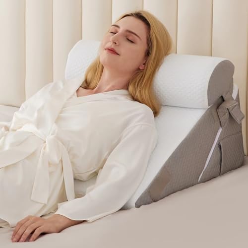 3PCS Wedge Pillow Set for After Surgery, Wedge Pillow for Acid Reflux Relief, Bed Wedge Pillow With Adjustable 9&12inch for Headboard,Sleeping, Orthopedic Memory Foam for Neck&Back Support, White/Grey