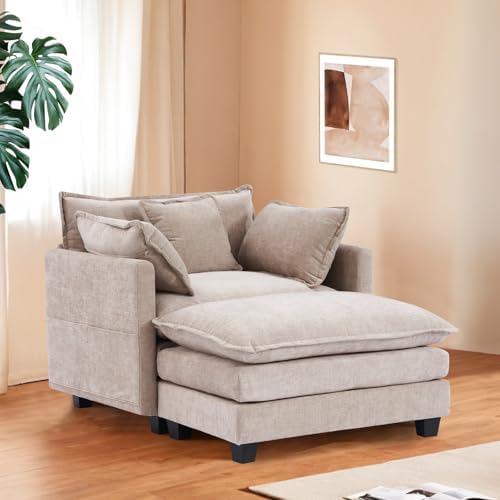 Furniliving Oversized Accent Chairs with Ottoman, Luxury Chenille Single Sofa, Upholstered Deep Seat Chaise Lounge with Pillows for Living Room, Bedroom, Apartment, Camel