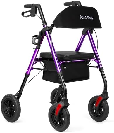 Ambliss Rollator Walkers with Seat for Seniors, 8" Wheels, 300lb. Weight Capacity, All Terrain Lightweight Walkers for Seniors with Backrest, Height Adjustable Foldable Walker, Purple