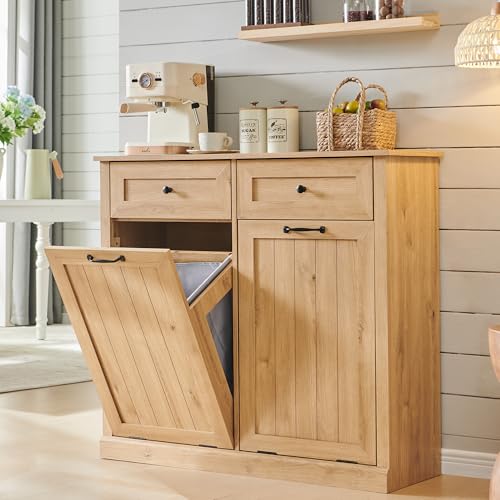 Double Tilt Out Trash Cabinet, 20 Gallon Farmhouse Laundry Hamper Cabinet with 2 Drawers, Hidden Wooden Trash Can Cabinets with Storage Basket for Kitchen, Living Room (Natural)