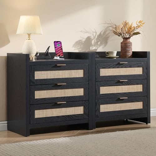 SICOTAS Rattan Nightstands Set of 2 Bedside Table - Larger Night Stand with Type-C Charging Station, 3 Drawers Storage - Boho Night Stands End Table for Bedroom - Black Oak