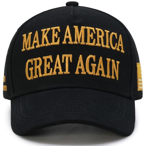 Donald Trump 2024 45-47 Never Surrender MAGA Hat, Make America Great Again Slogan with USA Flag, Black & Gold Adjustable Cap (US, Alpha, One Size, Black & Gold MAGA Hat)