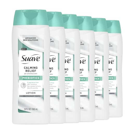 Suave Calming Relief Hand & Body Lotion for Women With Prebiotics For Sensitive Skin, Fragrance & Allergen Free, Helps Restore Skin's Moisture Barrier, 18 FL OZ, 6 Pack