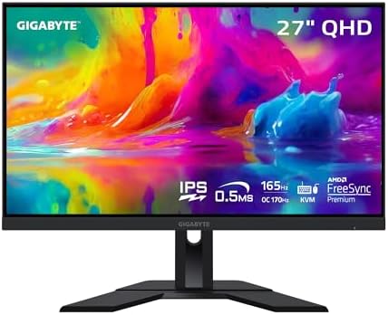 GIGABYTE M27Q 27" 165Hz 1440P -KVM Gaming Monitor, 2560 x 1440 SS IPS Display, 0.5ms (MPRT) Response Time, 92% DCI-P3, HDR Ready, FreeSync Premium, 1x Display Port 1.2, 2x HDMI 2.0, 2x USB 3.0