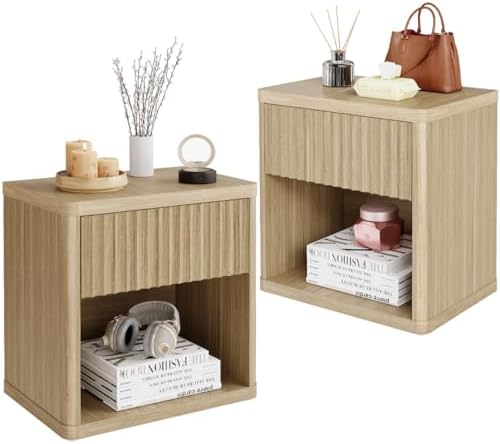 22.8" Fluted Nightstands Set of 2, Large Modern Nightstand with Drawer and Storage Shelf, Oak Finish & Cream, Mid Century Night Stands for Bedroom Living Room Sofa Couch Office