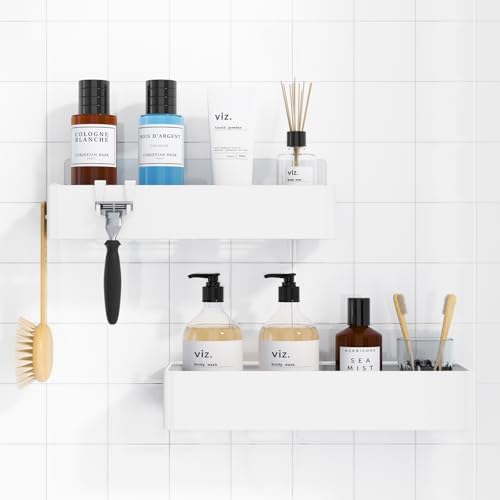 Kitsure Large Shower Caddy - 2 Pack Adhesive Shower Organizer, Rustproof Stainless Steel Shelves, No-Drill Bathroom Organizers and Storage, White