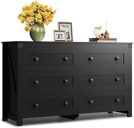 WLIVE Farmhouse Black Dresser for Bedroom, 53.07'' Wide 6 Drawer Wood Dresser, Chest of Drawers with Double Rustic Handle, TV Stand for 60 inch TV, Modern Clothes Organizer for Living Room, Hallway