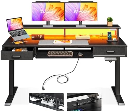 AODK Electric Standing Desk with Drawers & Keyboard Tray, 55 Inch Height Adjustable Desk with Power Outlets & LED Lights, Sit Stand Table with Monitor Stand for Home, Office, Black