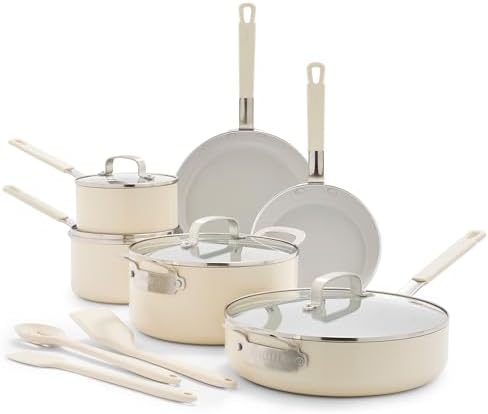 GreenPan x Bobby Flay 13 Piece Nonstick Cookware Pots and Pans Set, PFAS-Free Diamond Ceramic, Induction Suitable, Easy Clean Dishwasher & Oven Safe, Stay-Cool Silicone Handles, Glass Lids, Cream